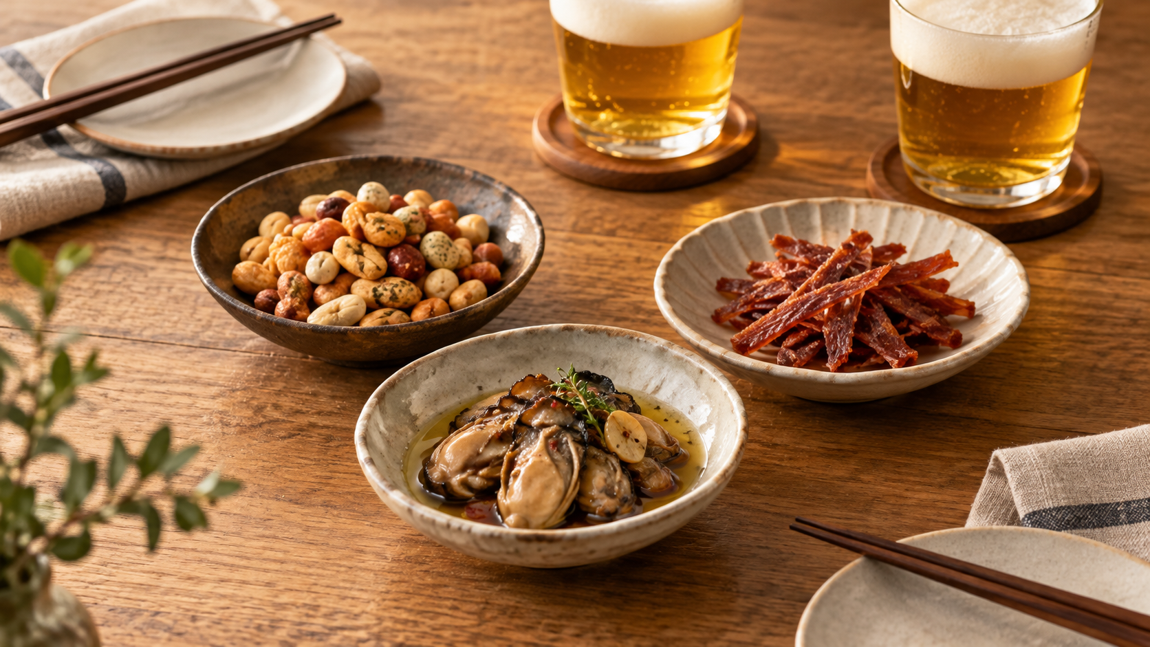 二人のビールと三つの小皿を並べた家飲みの食卓