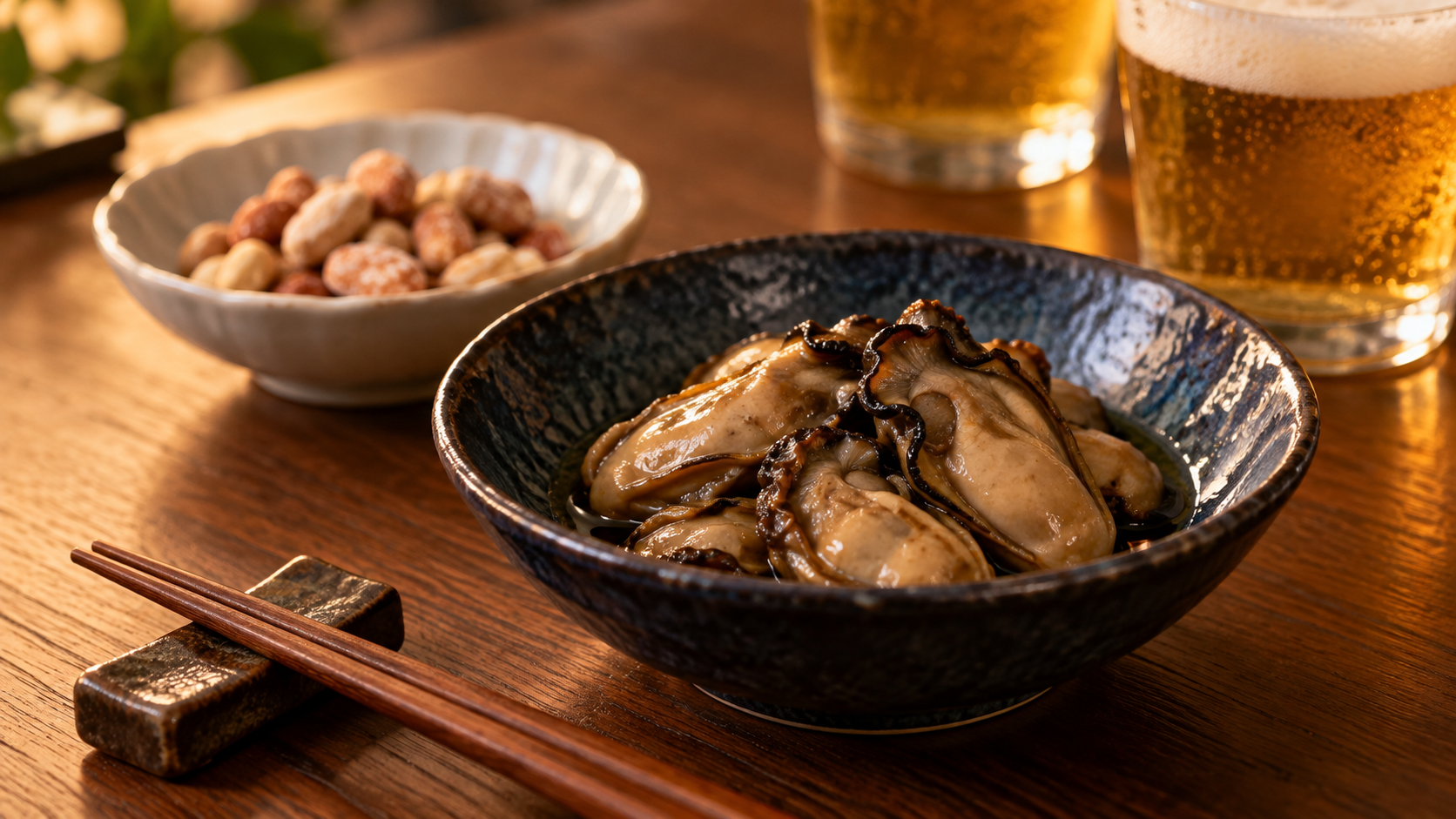 牡蠣を盛った小鉢と豆菓子をビールに添えた小皿の組み合わせ