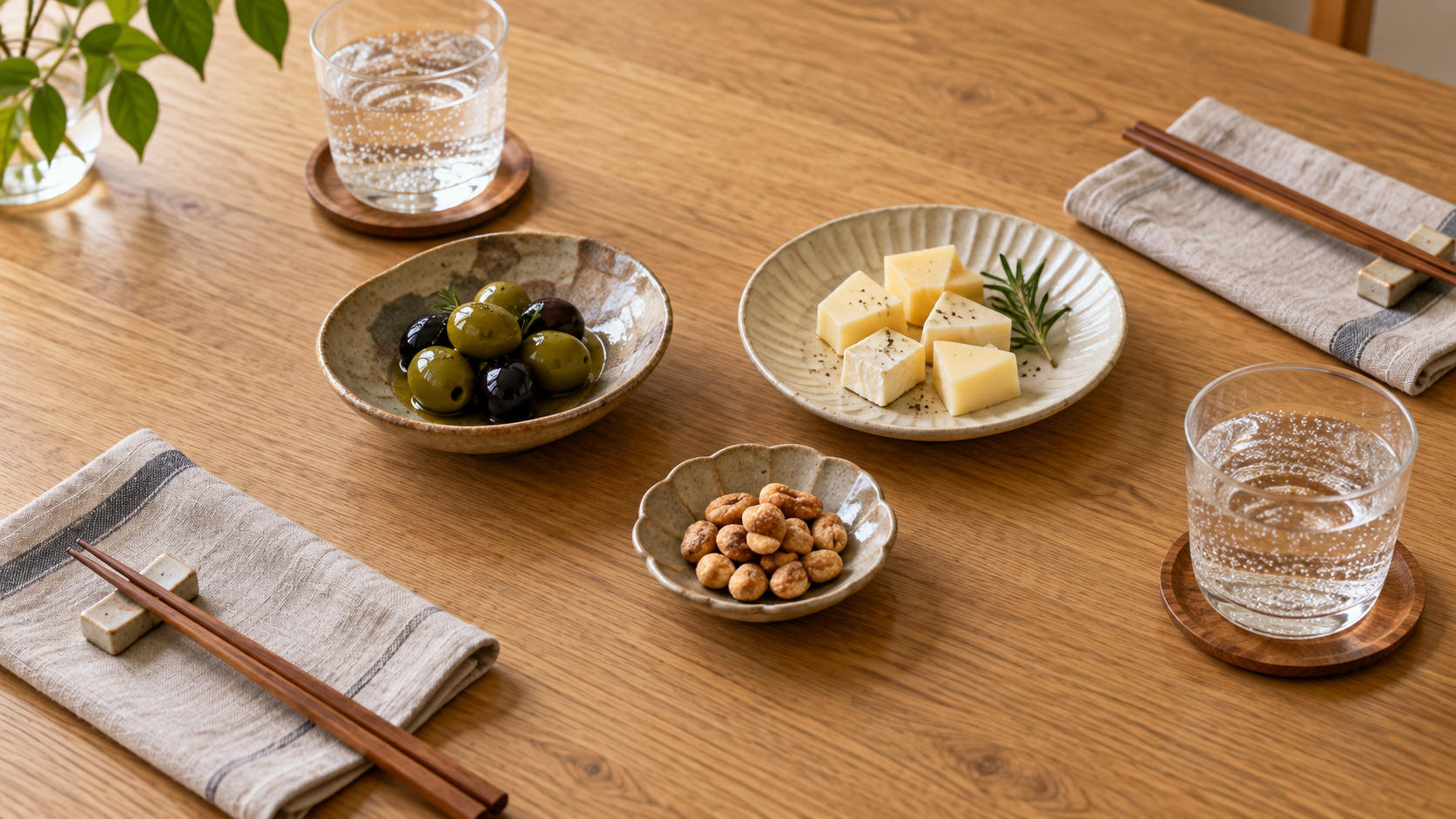 オリーブ、チーズ、豆菓子を少量ずつ三つの小皿に分けた二人分の食卓